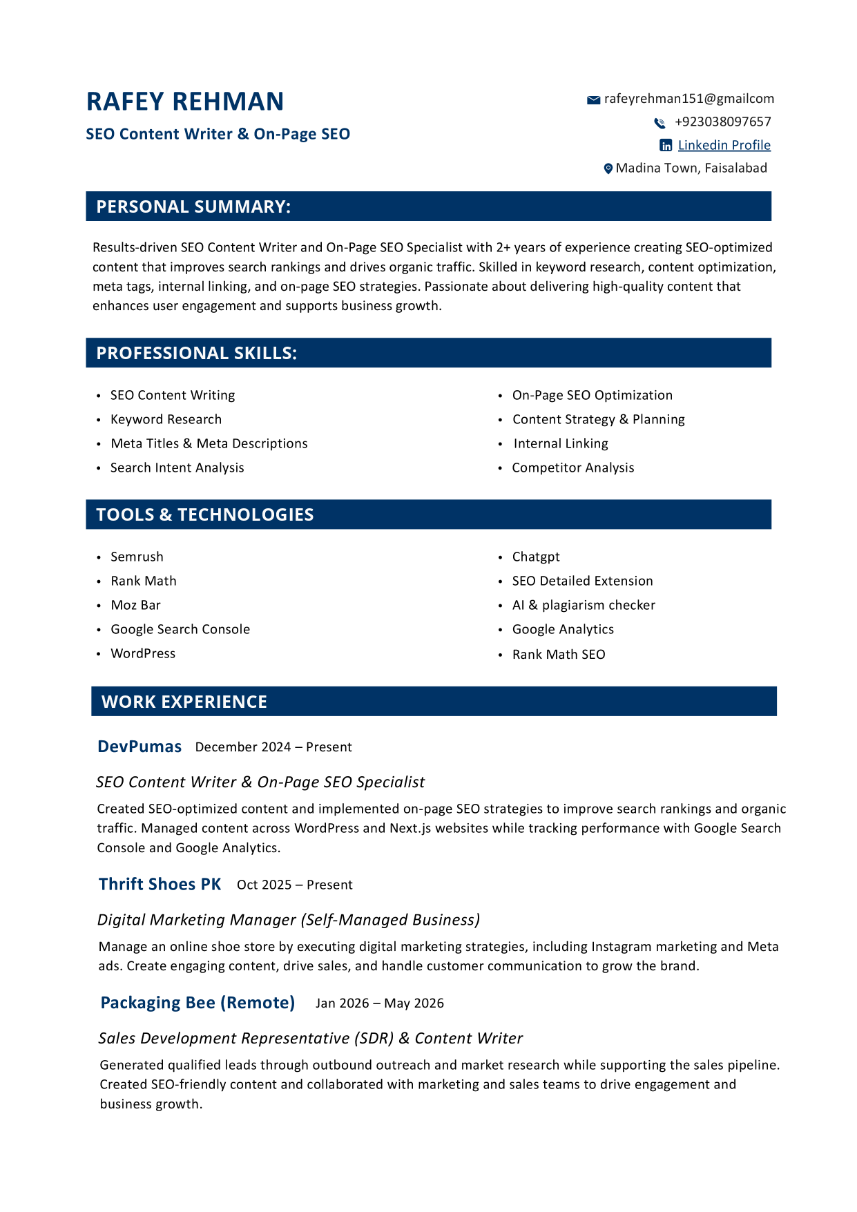Preview of Rafey Baig — SEO Content Writer & On-Page SEO Specialist