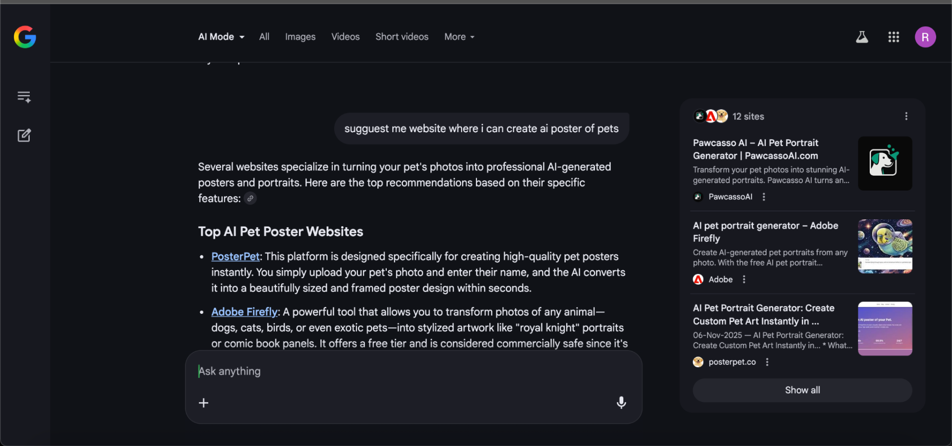 Google AI Mode recommendation featuring PosterPet