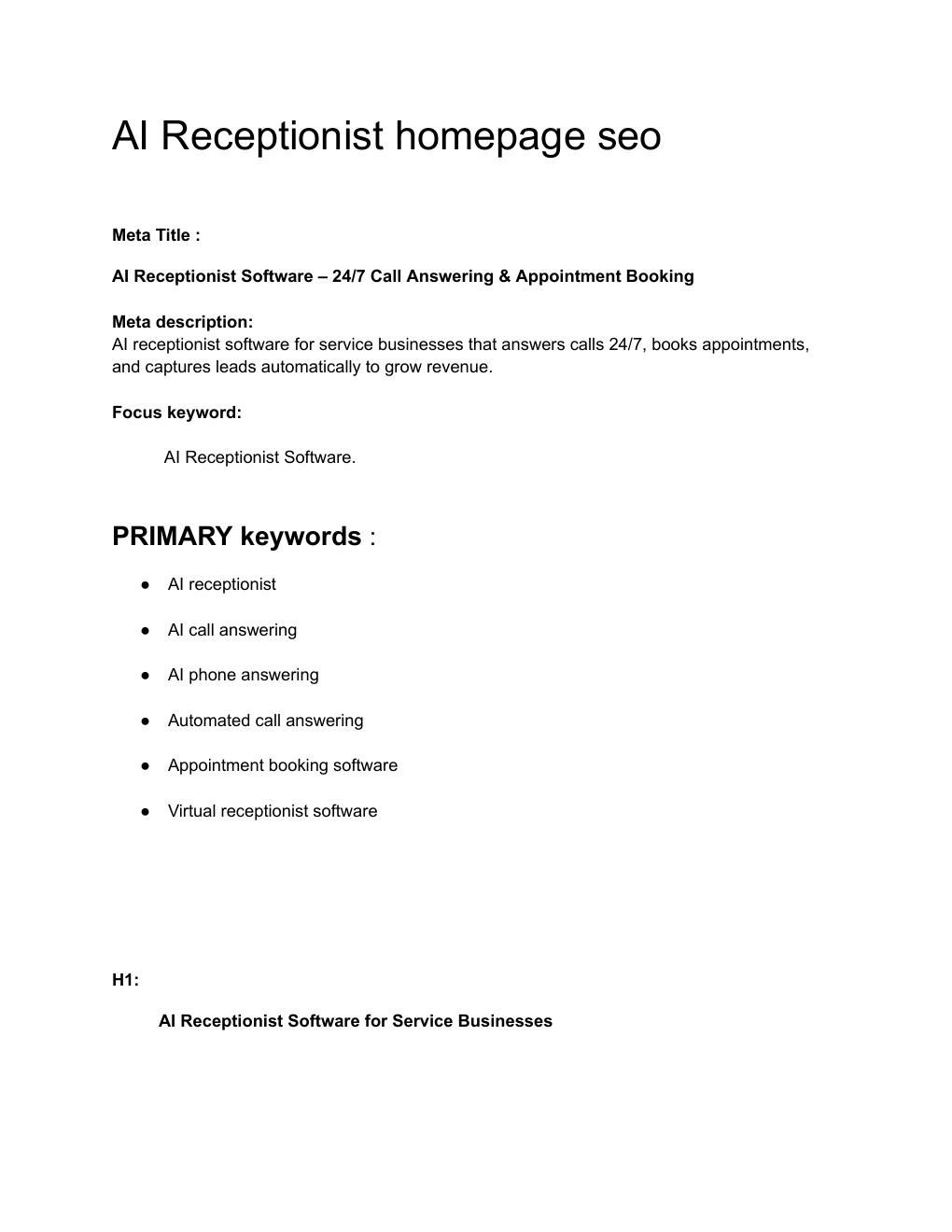 AI Receptionist — Homepage SEO Audit — PDF report preview
