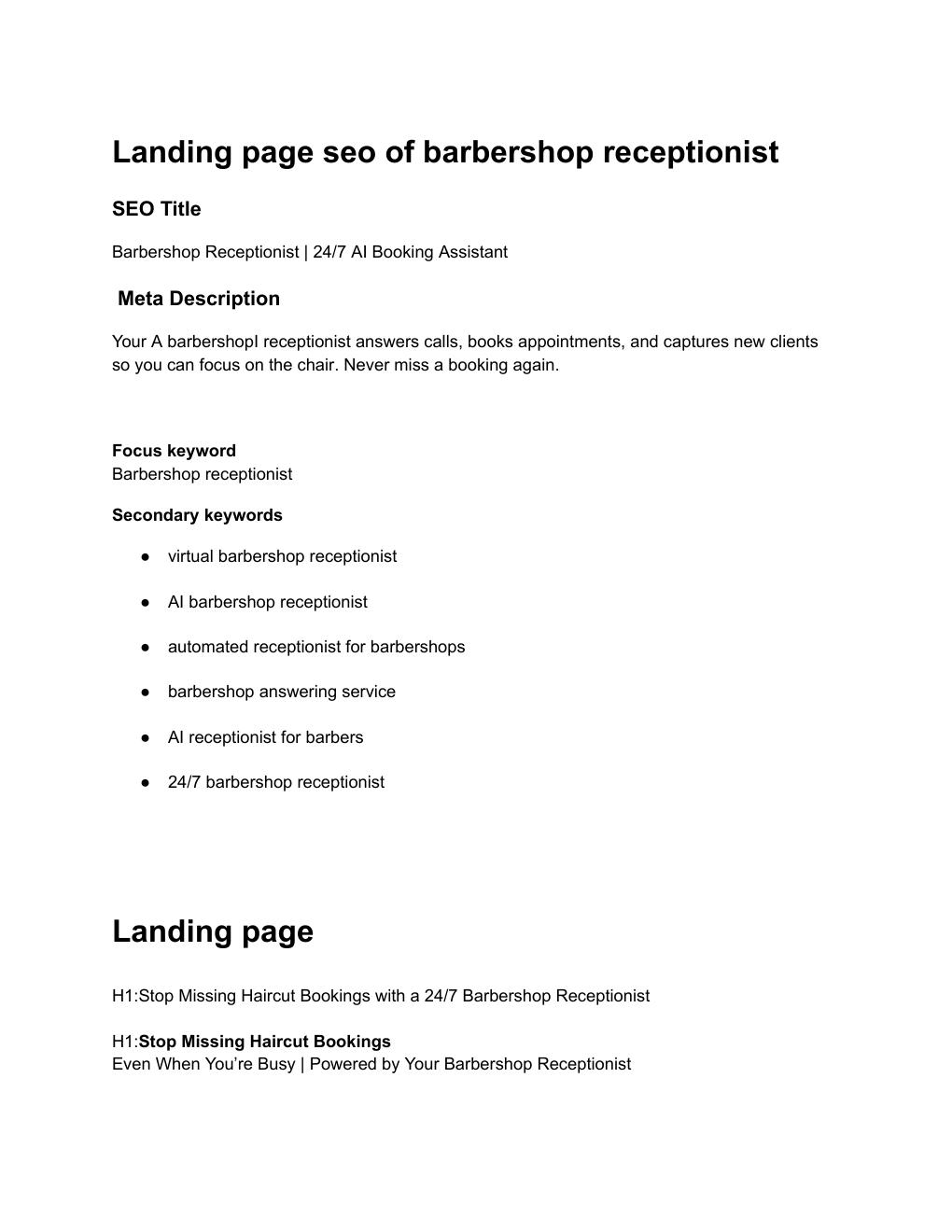Barbershop Receptionist — Landing Page SEO Audit — PDF report preview
